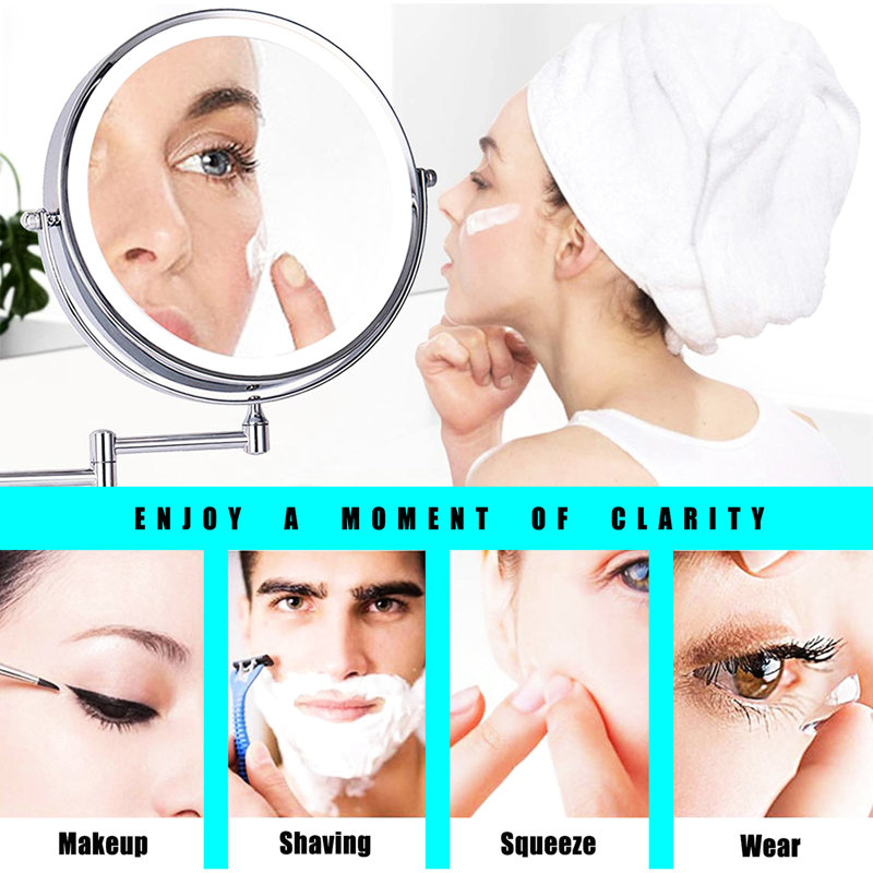 Miroir grossissant de 8 pouces pour le maquillage, fixation murale à DEL, 12 rallonges, grossissement 1 / 3x, rotation de 360 degrés, miroir de coiffeuse à maquillage à bouton-poussoir imperméable, grossissement, rotation,