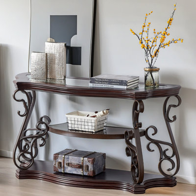 Sofa Table, Glass Table Top, MDF W/Marble Paper Middle Shelf, Powder Coat Finish Metal Legs