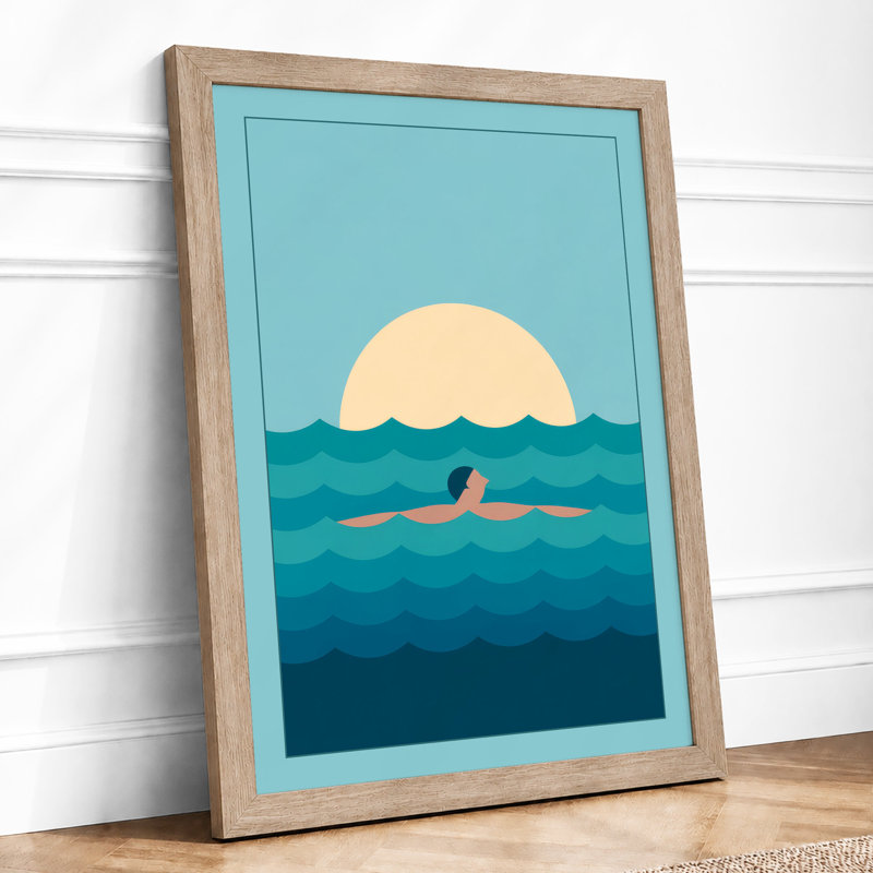 Swimmer In Blue Tides Coastal - Print, A1 - 84.1 x 59.4 cm, Oak