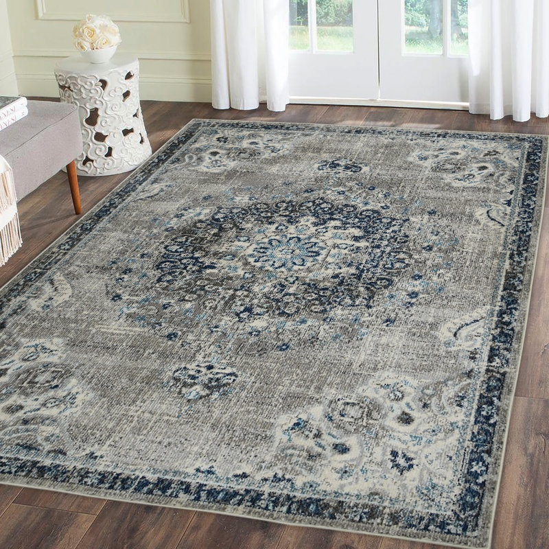 Rectangular Blue Stain-Resistant Synthetic Area Rug