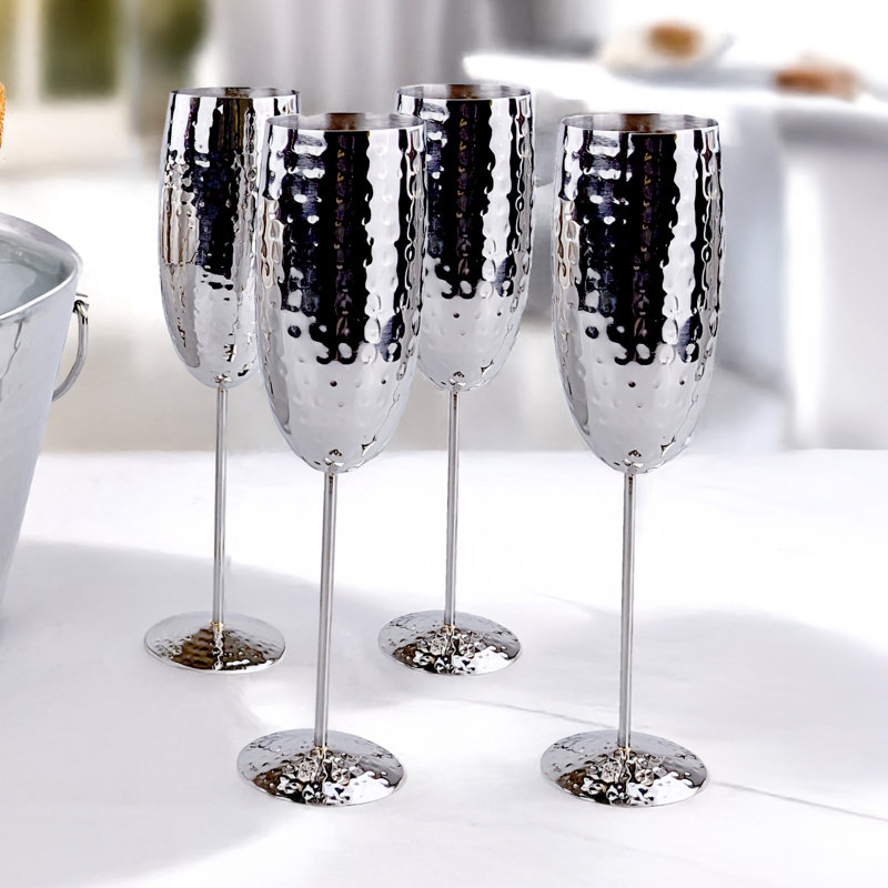 Ensemble de 4 flûtes à champagne incassables en acier inoxydable martelé