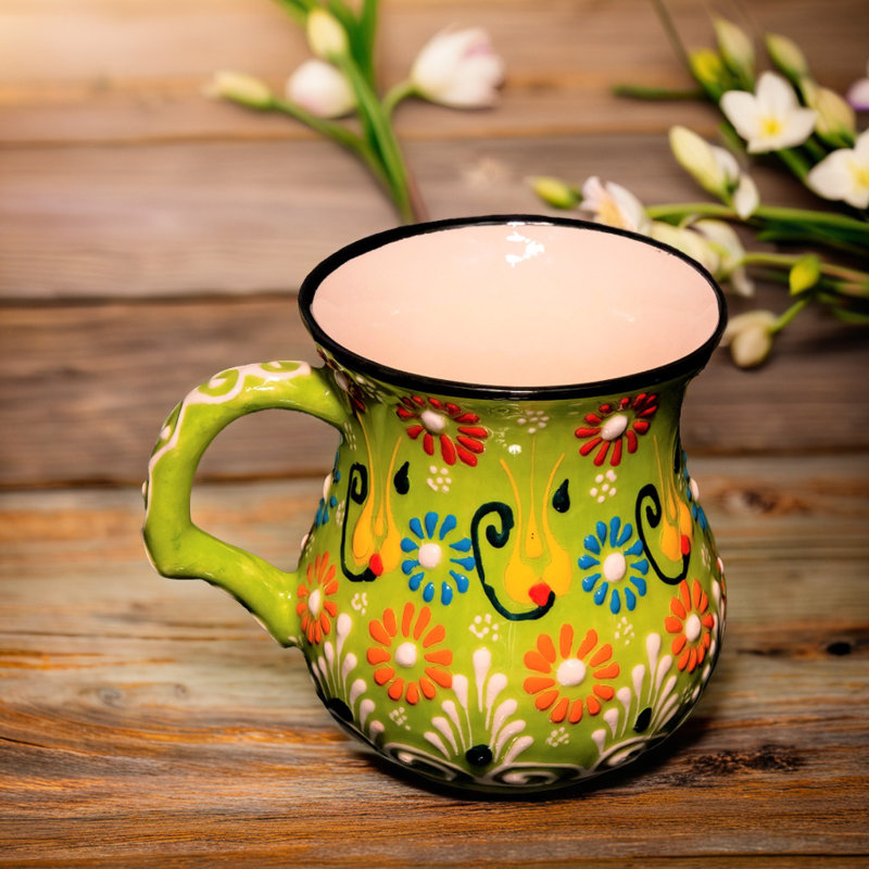 Tasse à café 10 oz fabriquée à la main avec poignée - tasse en céramique à motif floral - verrerie traditionnelle - tasse décorative pour la maison et la cuisine