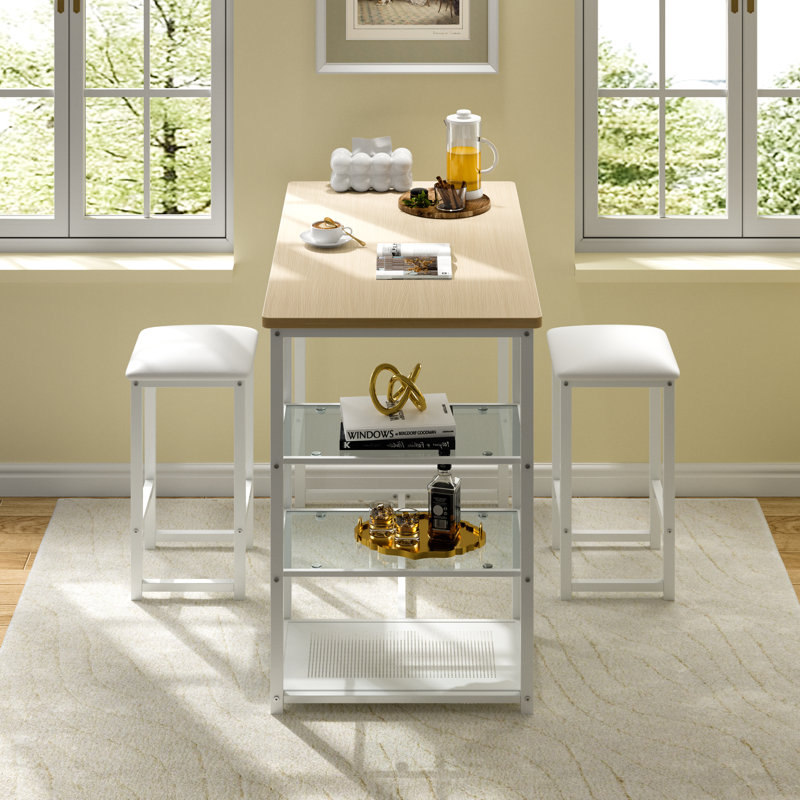 Ensemble de table de bar de cuisine 3 pièces avec plateau en chêne, tablettes de rangement et tabourets en cuir de polyuréthane