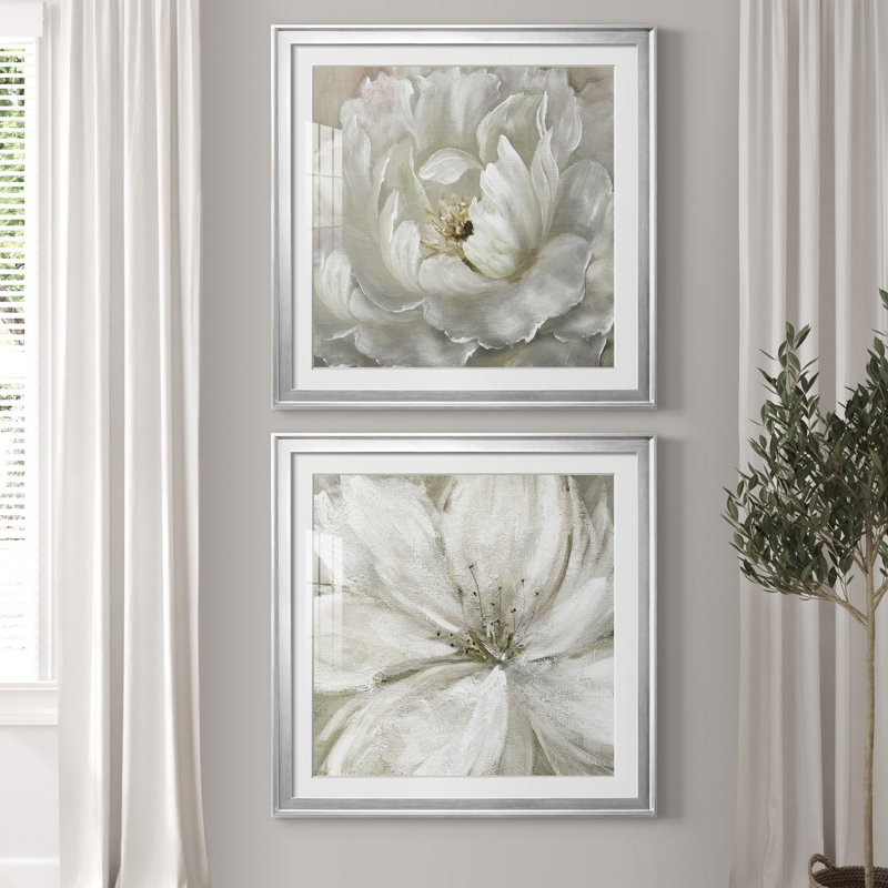 Pivoine parfaite - ensemble de 2 cadres photo sur papier, H 30,5 po x l 61 po x P 1,5 po, Papier avec cadre argenté, Blanc