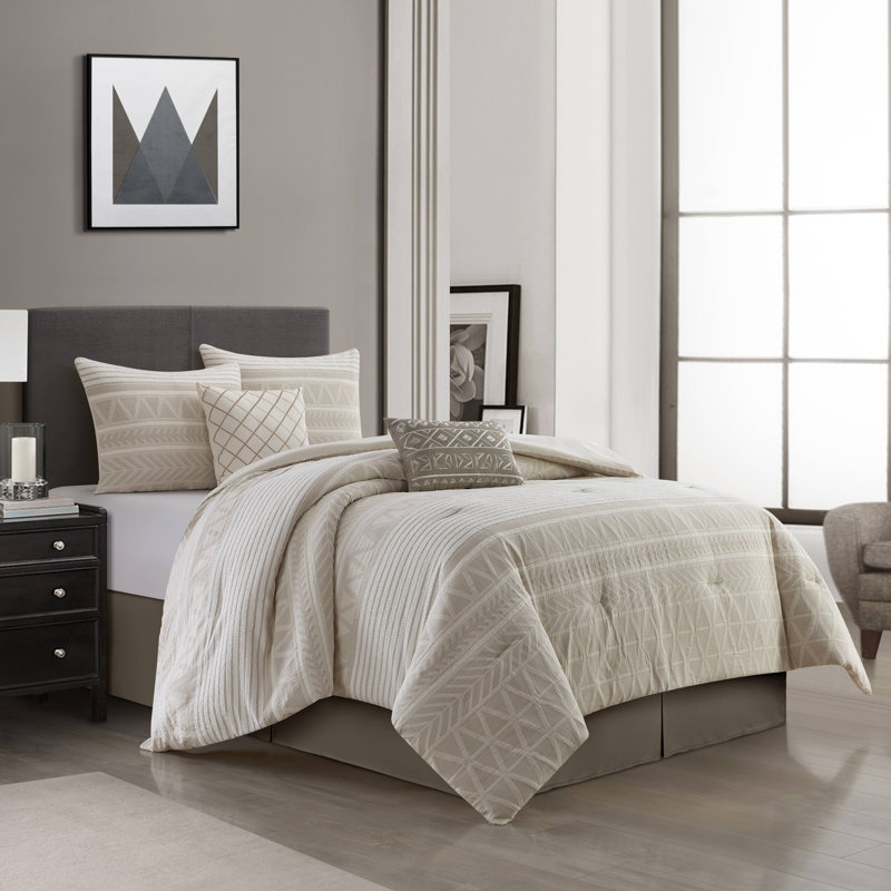 Ensemble d'édredon géométrique 6 pièces Cleluya, Édredon très grand californien + 6 pièces suppl, Beige