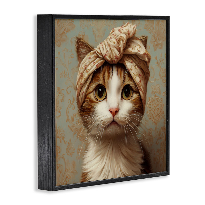 Chat avec un turban tendance, estampe numérique, design par Jim Baldwin, H 12 po x l 12 po, Giclée encadrée noir minuit