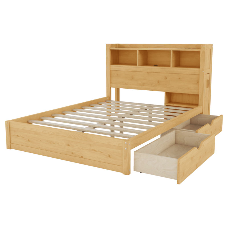 Full Wood Bed with Storage Headboard, LED Light, Drawers & Pull-Out Cabinet – Space-Saving Modern Design, Natural, Natural