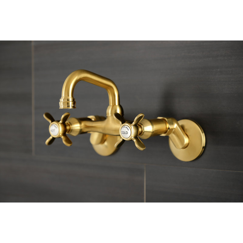 Kingston Brass Kingston Two-Handle 2-Hole Wall Mount Bar Faucet, Cross Handle, Brushed Brass