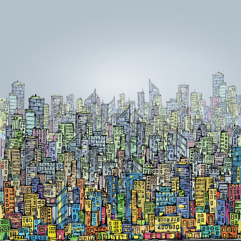 Hand Drawn City Skyline by Dahabian - Wrapped Canvas Print, 30cm H x 30cm W x 3.8cm D