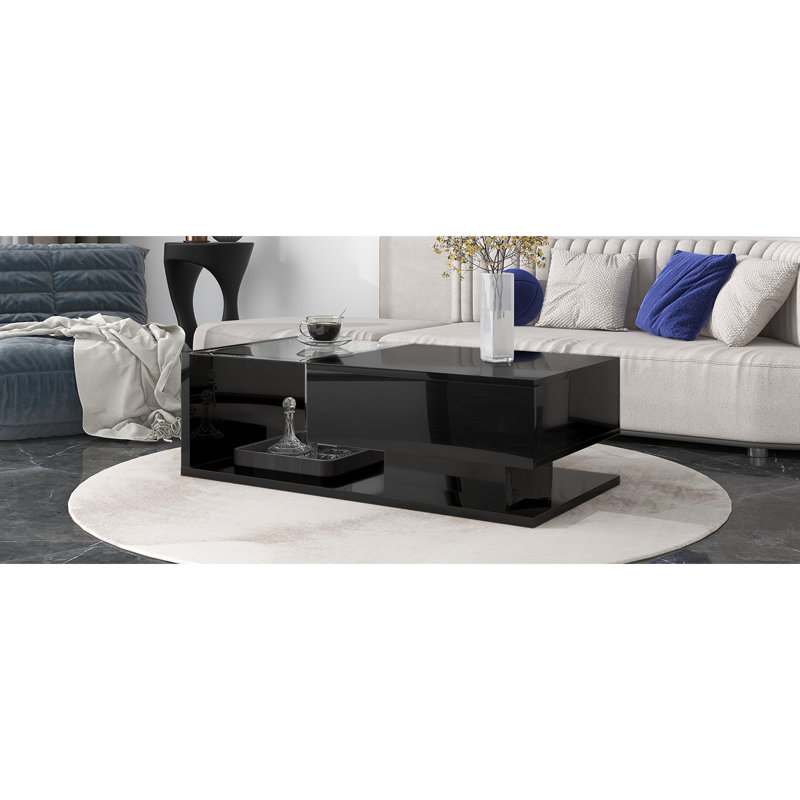 Table basse rectangulaire avec panneau de particules et verre trempé, plateau en verre noir pratique