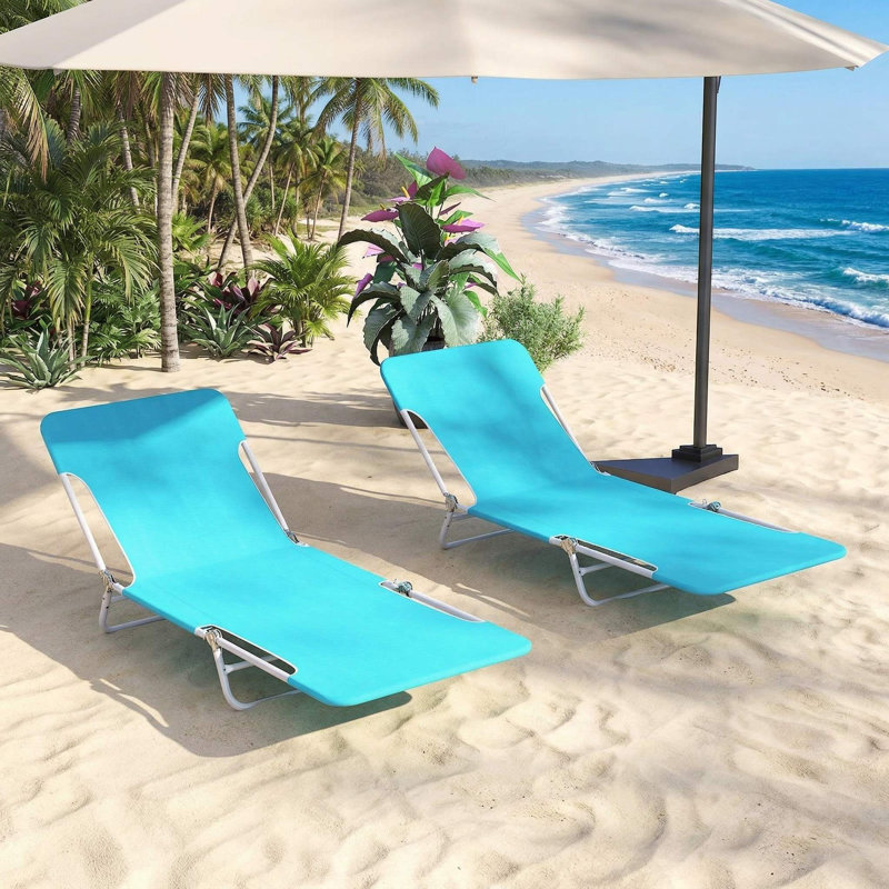 Set Of 2 5 Position Lay Flat Portable Beach Recliners With Carry Strap And Sturdy Metal Frame For Beach Poolside Camping Use