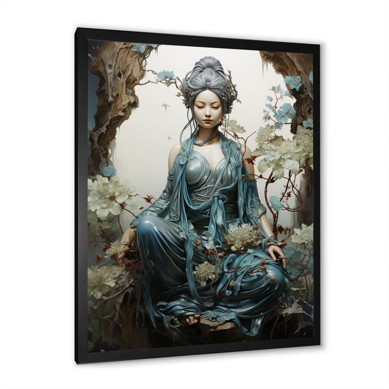 Art bouddhiste sarcelle beige avec bodhisattva sur toile, L 12 po x H 20 po, Cadre photo noir