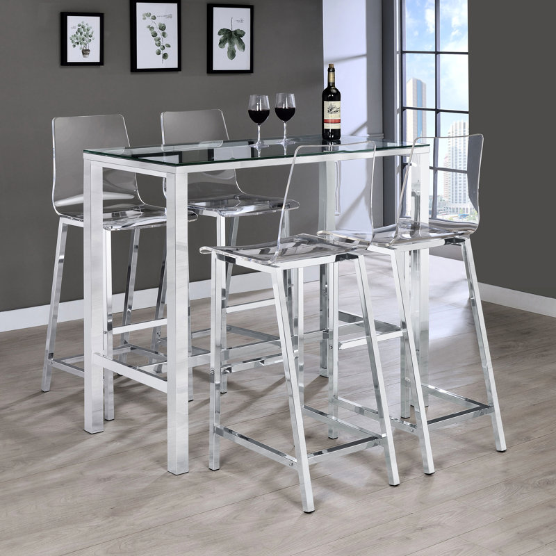 Élégant bar 5 avec détails en verre, table rectangulaire et 4 dossiers en acrylique pour un look moderne en verre, ambiance sièges