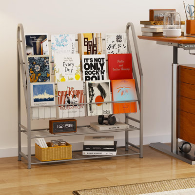 Magazine Rack Small Metal for Storage Freestanding, Sofa Height Book Shelf Short Inclined for Display and Storage, Ladder Bookcase for Home Office(Grey)
