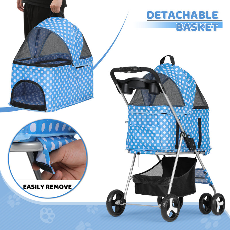 Sky Blue Polka Dot 3-in-1 Foldable Dog Stroller with Steel Frame