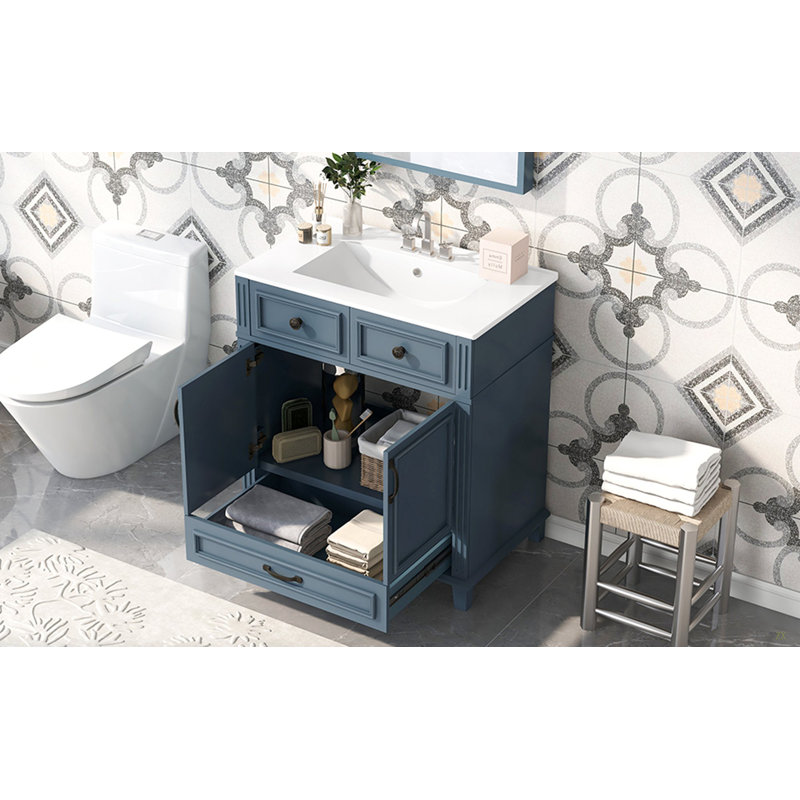 Meuble-lavabo de 30 po avec lavabo en céramique, armoire de rangement en bois massif avec portes à fermeture douce, style rétro