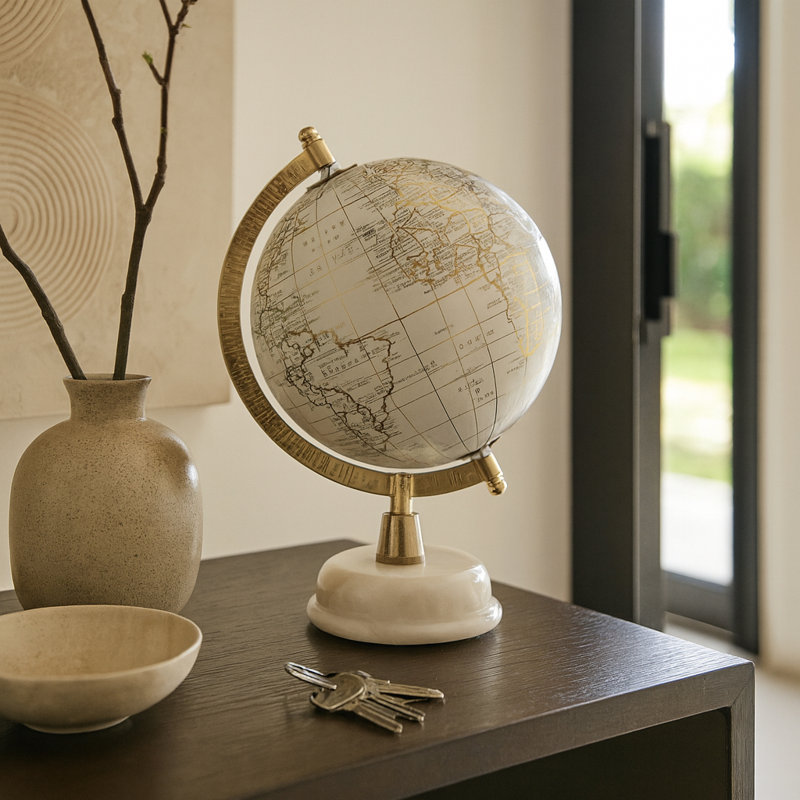 Sculpture en forme de globe décoratif avec base en marbre pour la décoration intérieure - Accent moderne pour le salon, le bureau ou la tablette - 10 po
