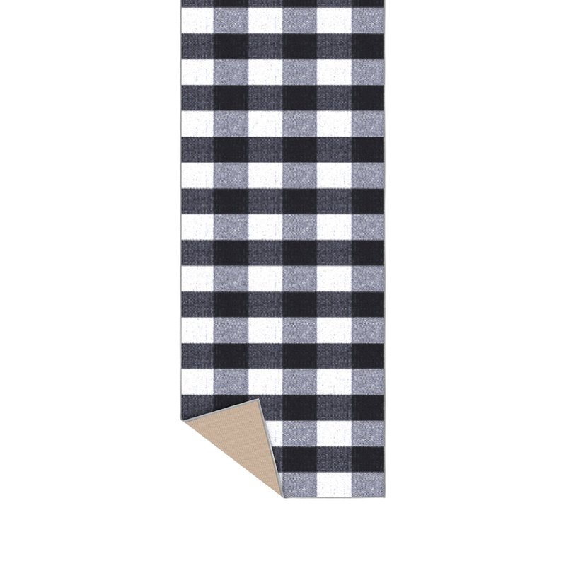 Homeline Non-Slip Rubberback Checkered Buffalo Plaid Indoor Runner Rug, Grayscale, Runner 2'7" x 31'