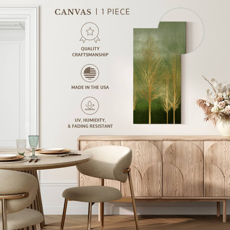 Arbres dorés sur panneau vert I, H 24 po x l 12 po