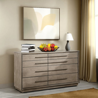 Grande commode Lyni, 8 tiroirs de rangement, tablette ouverte, chêne blanchi