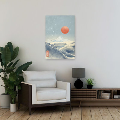 Snowy Mountain Red Sun Peaceful Serene Traditional Horse Landscape Mountain Wall Art Print 1 Piece Wrapped Canvas Wall Art