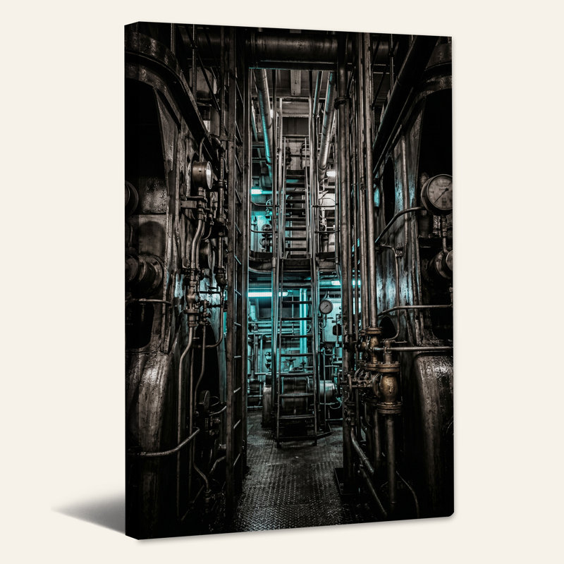 Art mural sur toile avec tuyaux et échelle industriels avec éclairage sarcelle, H 18 po x l 12 po