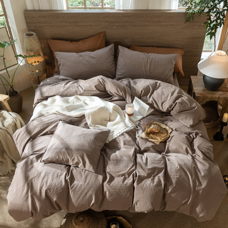 MooMee Wavy Striped Duvet Cover Set with Zipper Closure & 8 Corner Ties 100% Washed Cotton Linen Like Textured Breathable Lightweight