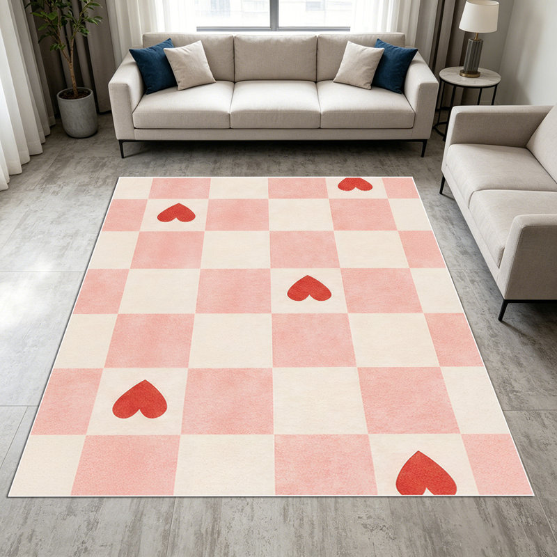 Tapis à motif de cœur en damier rose de 1 pièce pour le salon, doux et confortable, convient à toutes les saisons, facile à entretenir, tapis de sol intérieur lavable à la machine, sous la table de ferme convenant à la salle à manger, à la chambre à coucher, à la cuisine, au vestibule, à la maison