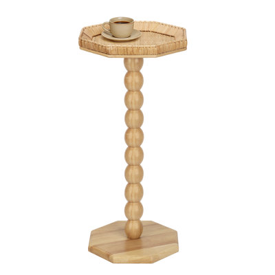 Natural Rattan End Table, Boho Solid Wood Octagon Side Table For Small Spaces,  Pedestal Drink Tables For Living Room, Bedroom, Corner