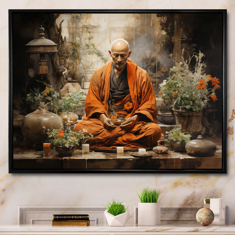 «China Monks Meditation» sur impression sur toile, H 16 po x l 32 po x P 1 po, Cadre flottant noir