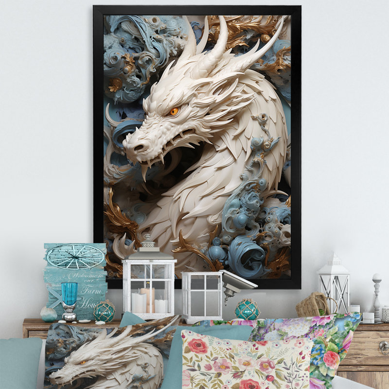 «Epic Blue and Gray Dragon Odyssey», reproduction sur toile, H 44 po x l 34 po x P 1,5 po, Cadre simple noir