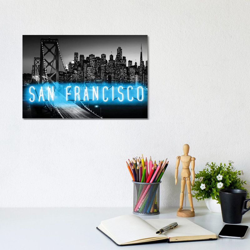 Neon San Francisco Aqua On Black by Hailey Carr - Wrapped Canvas Print, 20.32 cm H x 30.48 cm W