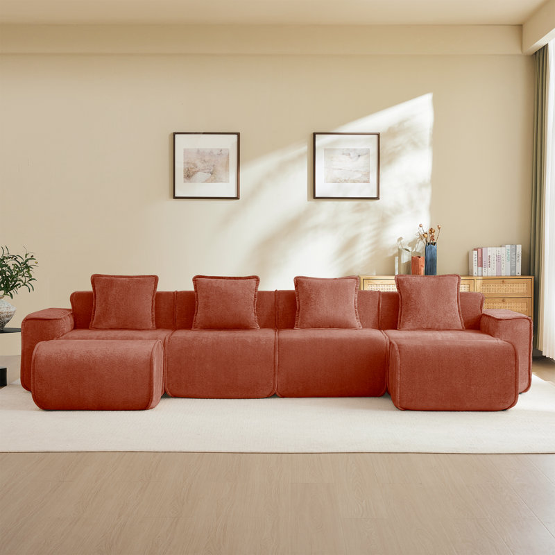 Canapé modulaire en U à 4 places avec passepoil à bordure française, sans assemblage requis, canapé à 4 places avec coussins décoratifs et 2 repose-pieds mobiles, tissu de velours rouge