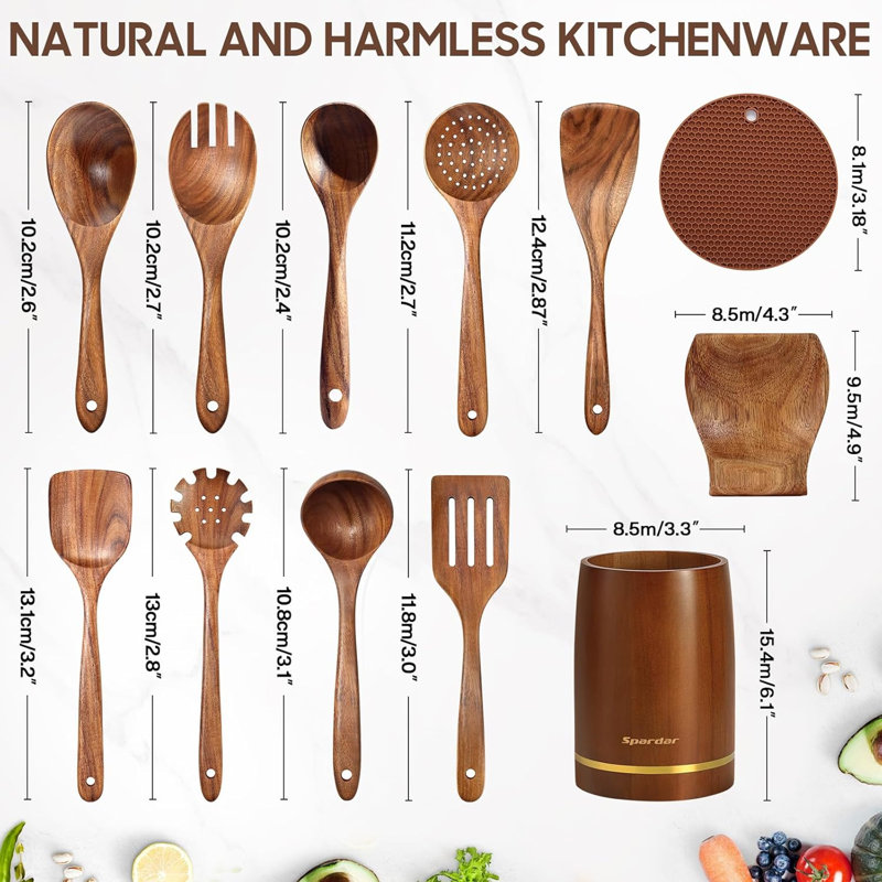Ensemble d'ustensiles de cuisine 12 pièces, ensemble d'ustensiles de cuisine en bois