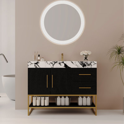 Meuble-lavabo autoportant moderne 36 po avec lavabo en céramique sans couture et plateau en pierre frittée