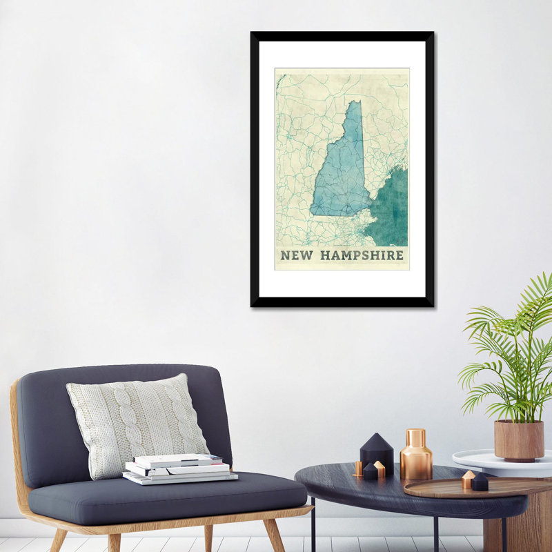 «New Hampshire Map», impression sur toile, H 24 po x l 16 po x P 1 po, Papier d'art encadré noir, Blanc