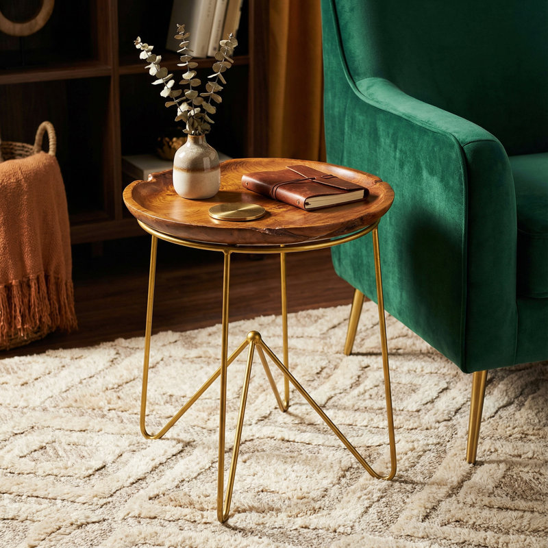 Charenton Accent Table with Teak Wood Top with Gold Finish Metal Legs, Round 19"