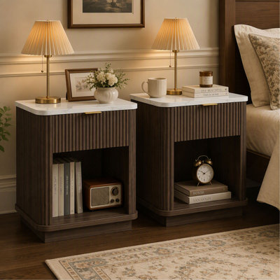 Fluted Nightstand Set of 2 with Drawer, Open Shelf and Faux Marble Top for Bedroom