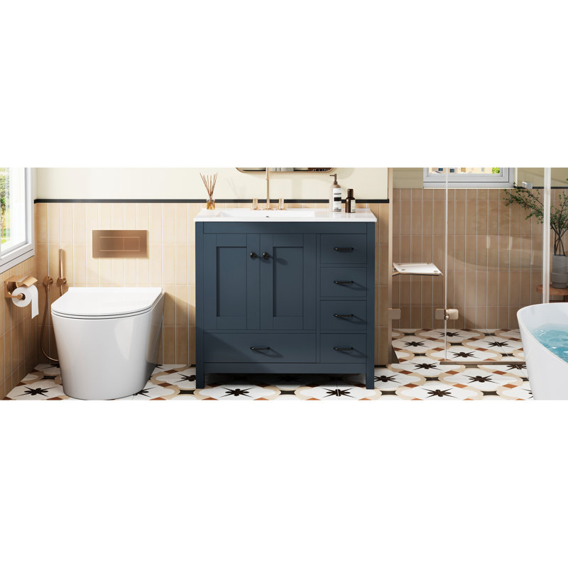 Meuble-lavabo bleu de 36 po avec lavabo en céramique, 2 portes à fermeture douce, 5 tiroirs, rangement spacieux pour les essentiels 36 po moderne avec solution silencieuse et efficace