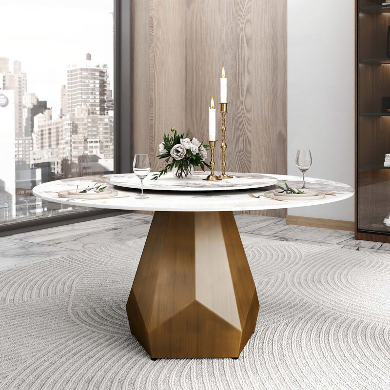Table de salle à manger ronde en pierre artificielle avec plateau tournant et base en laiton (31,5 po)