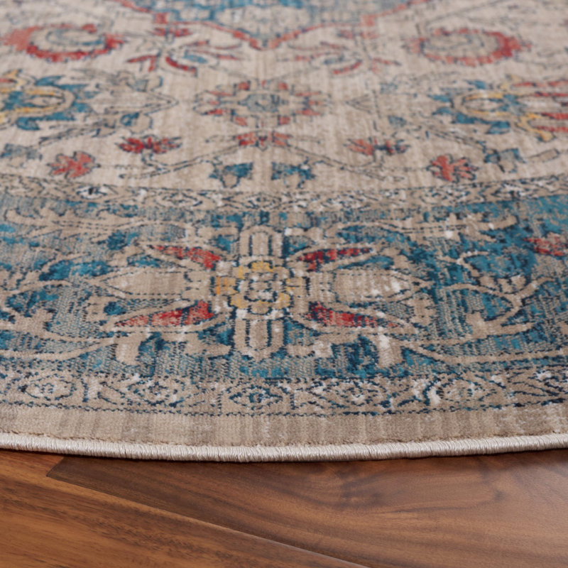 Tapis oriental bleu marine / beige / ivoire Rumsey, Rond 6 pi 7 po
