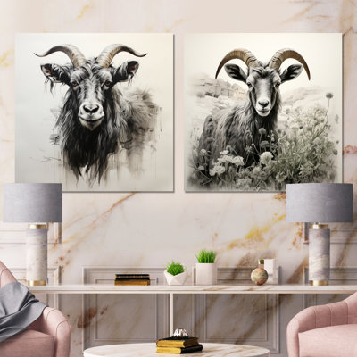 Black Charcoal Goat Portrait I - Goat Metal Prints Square Set Of 2