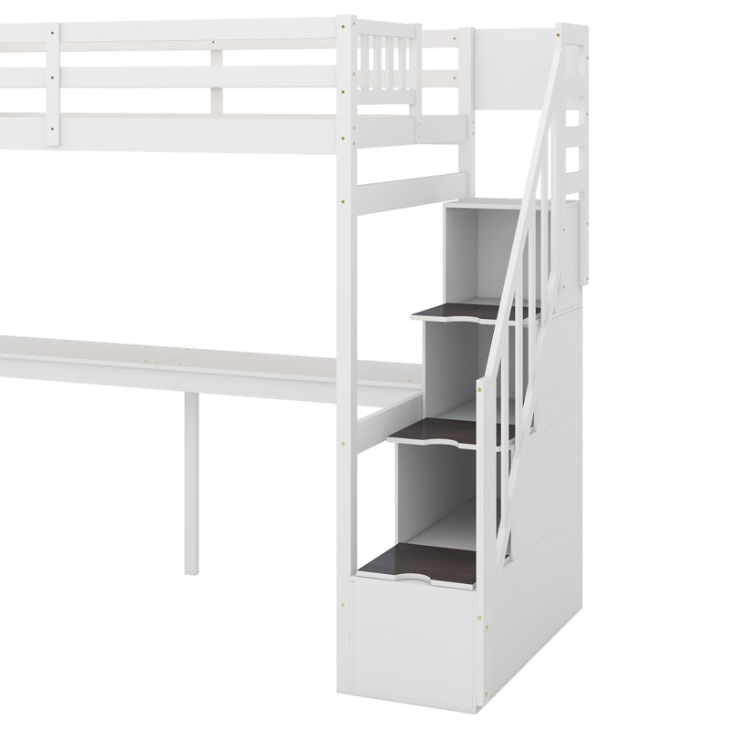 Lit mezzanine avec escalier de rangement et bureau intégré, Blanc