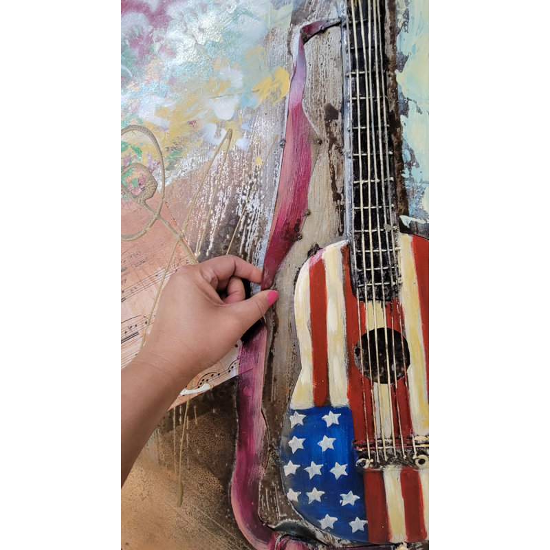 Guitare abstraite colorée avec drapeau américain, peinture à l'huile 3D sur toile en métal