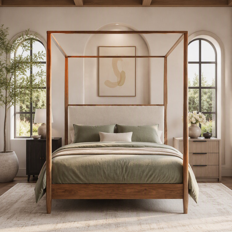 Lit à baldaquin en bois massif, style moderne du milieu du siècle, format queen, avec tête de lit capitonnée en bouclette et colonne.