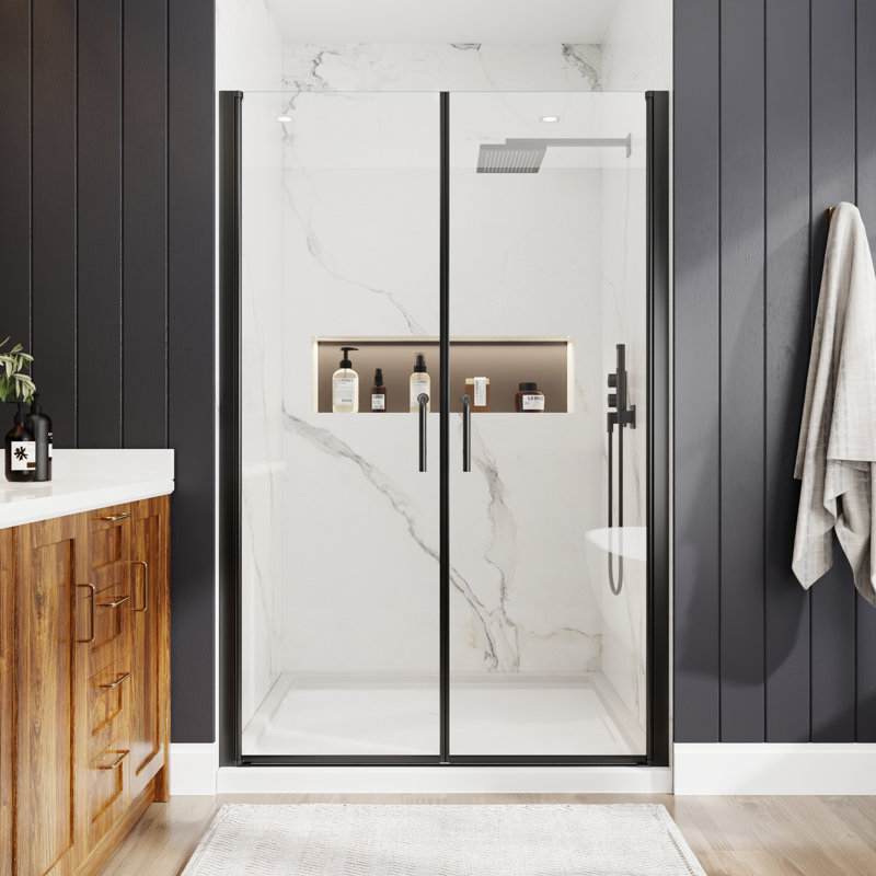 Porte de douche semi-sans cadre 46 po x l 72 po x H 72 po avec double porte battante et 2 portes qui s'ouvrent sur un très grand espace de rangement en verre trempé de 1/4 po