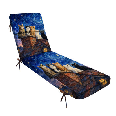  Outdoor Indoor 3'' Lounge Patio Cushion Whimsical Cats Rooftop Under Starry Night Sky Crescent Moon Water-Resistant Chaise Lounge Cushion for Chair Patio Furniture Seat Cushion