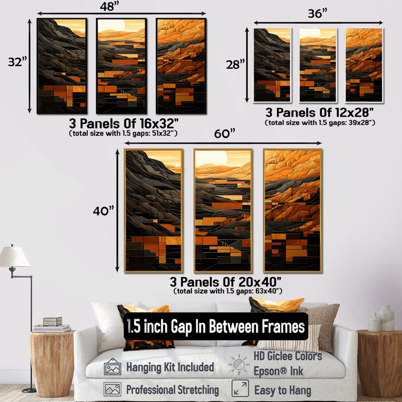 «Orange Desert Sun In Bold Landscape III - Solar Panneaux», art mural, Cadre flottant noir, H 28 po x l 36 po x P 1 po