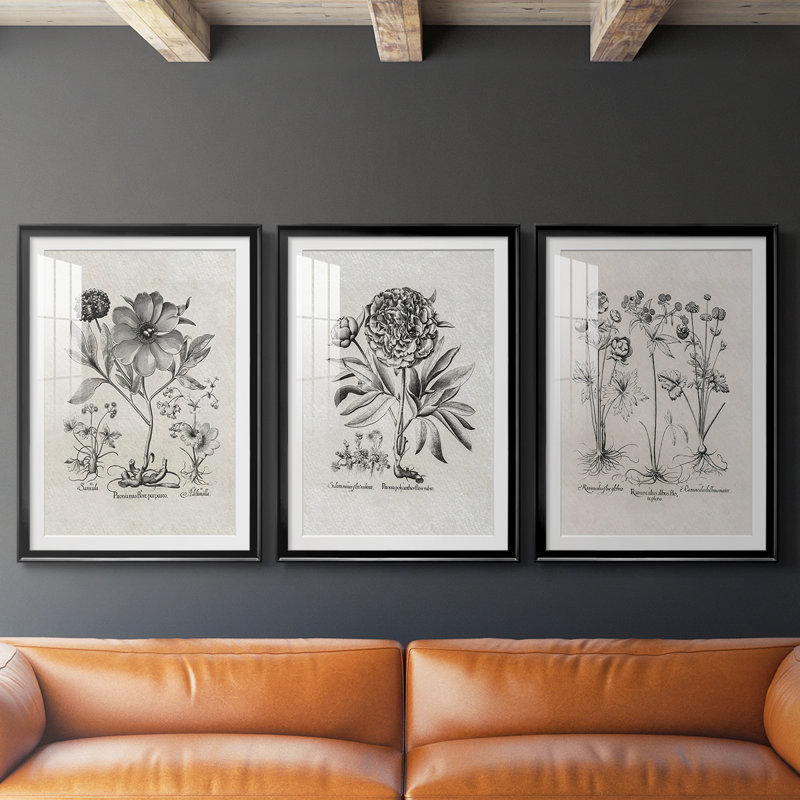 Motif floral rétro vintage avec motif encadré personnalisé - 3 pièces, H 27 po x l 39 po, Noir