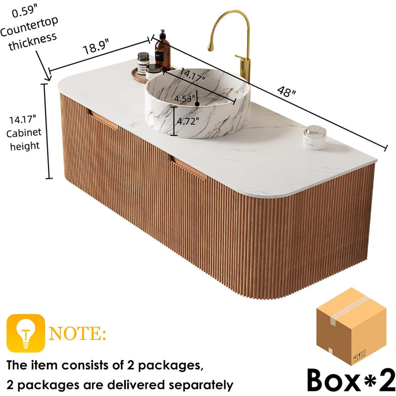 48" Bathroom Vanity with Sink, 2 Large Storage Drawer, Ceramic Basins with Marble Top, Pre-Assembled, Brown